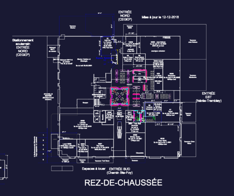 Architectural ground floor plan of a commercial food court with seating and restaurant kiosks.