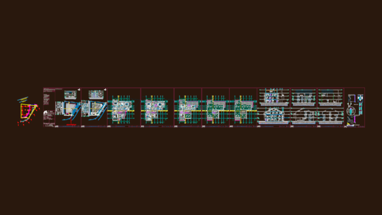 Architectural CAD drawing showing multiple floor plans, sections, and site layouts for a residential building.
