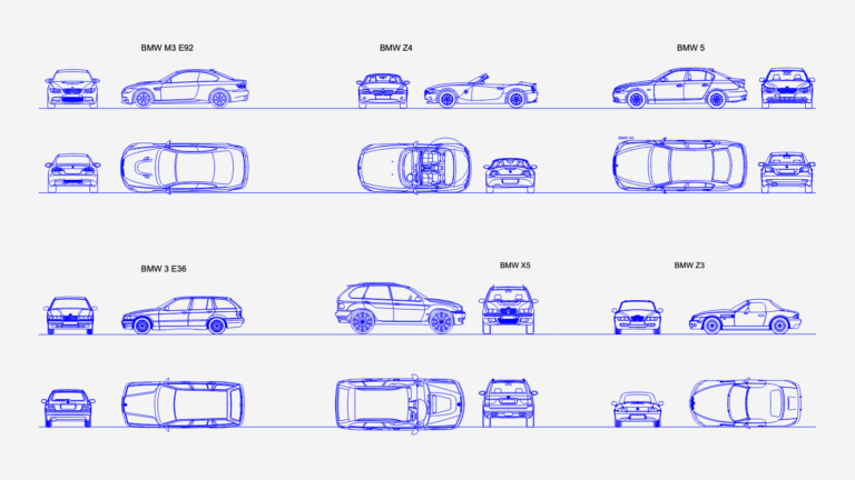 2D CAD drawing showing multiple BMW car models in plan, side, front, and rear elevation views.