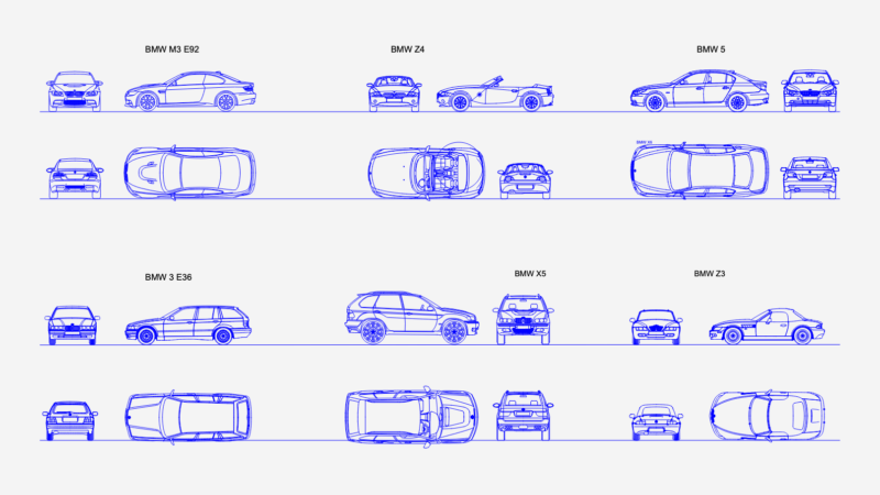 BMW Car Blocks DWG with 2D Elevations & Plans