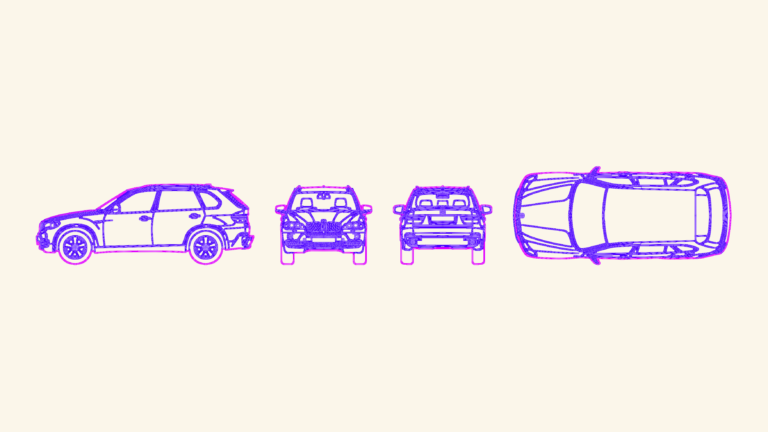 CAD drawing showing front, rear, and top elevation views of a BMW X5 SUV.