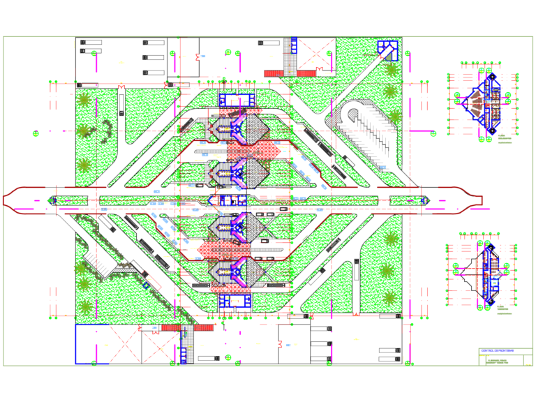 Top-view CAD master plan of a border control station with inspection islands, parking lots, and building floor plans.