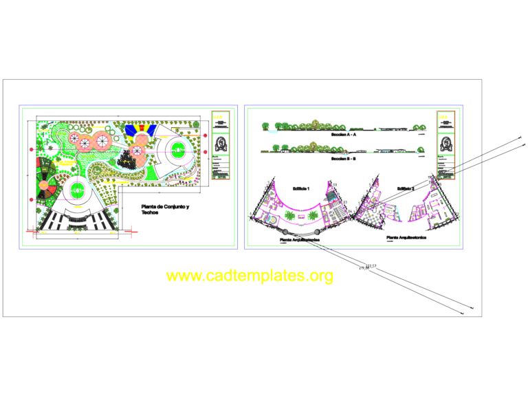 Architectural master plan and building sections for a botanical park development.
