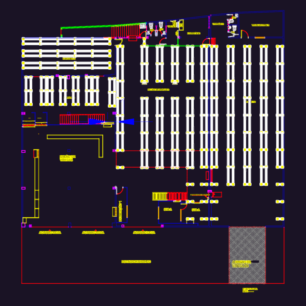 CAD floor plan of a commercial retail store and warehouse showing shelving units, parking lot, and sections.