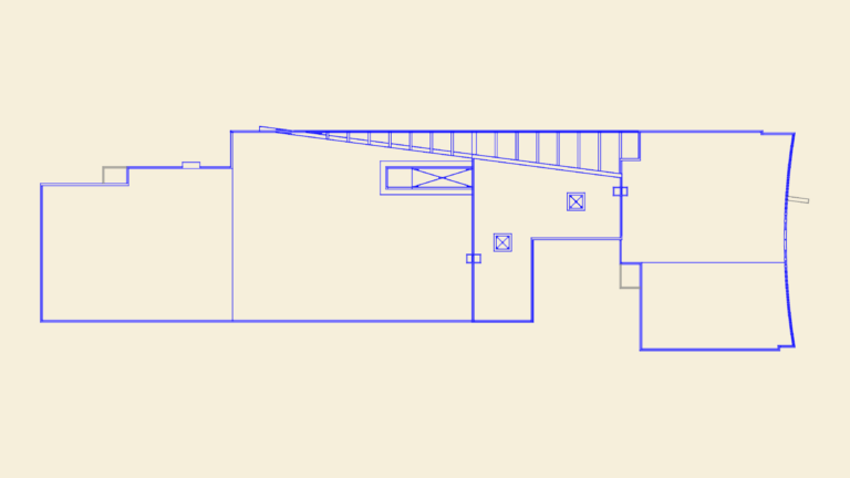 2D CAD floor plan of a long narrow residential building showing stairs and interior rooms.