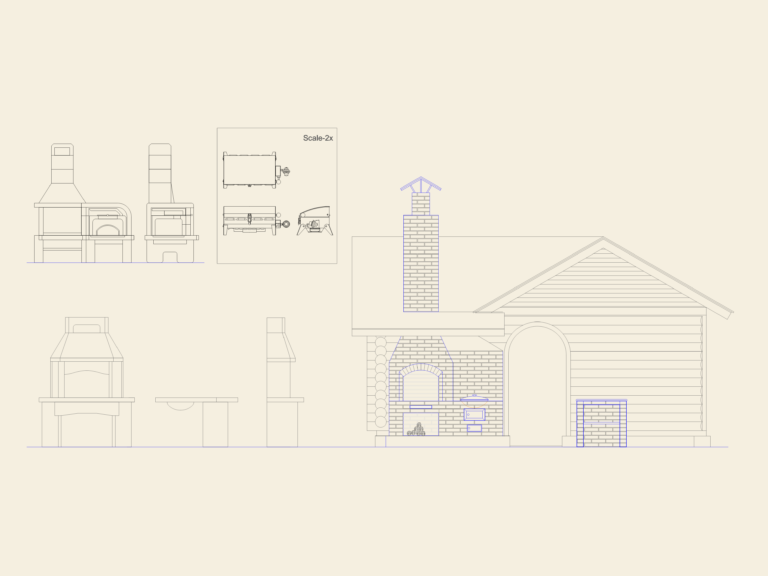 Technical front elevation of a large masonry outdoor barbecue with chimney and cauldron.