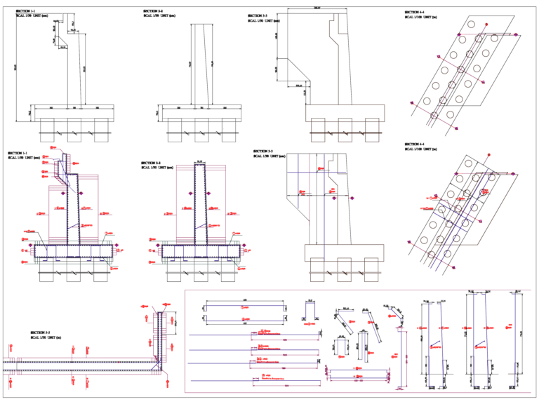 CAD sections showing bridge abutment reinforcement and pile cap foundation details.