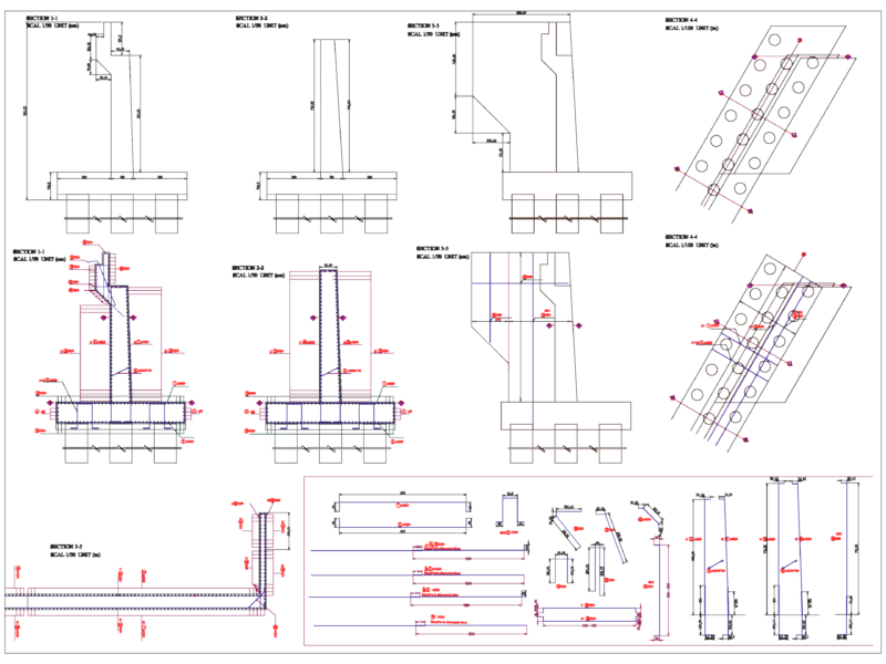 Bridge abutment reinforcement details and pile foundation sections