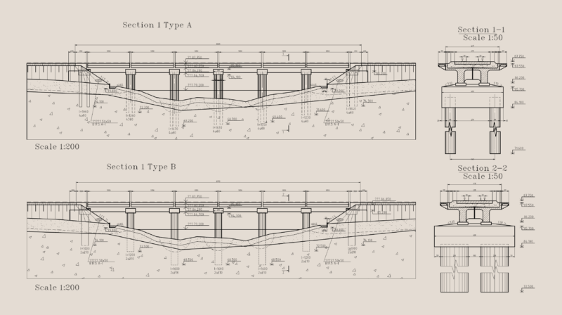 Bridge construction sections and foundation column details