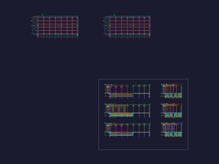 CAD drawing of a scaffolding frame plan and structural sections for bridge deck and building construction.