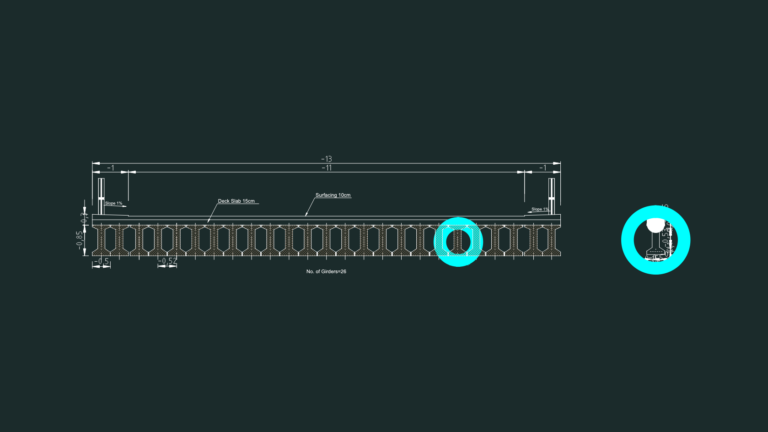 Bridge deck cross section showing 26 girders and technical specifications for girder B 22/A.