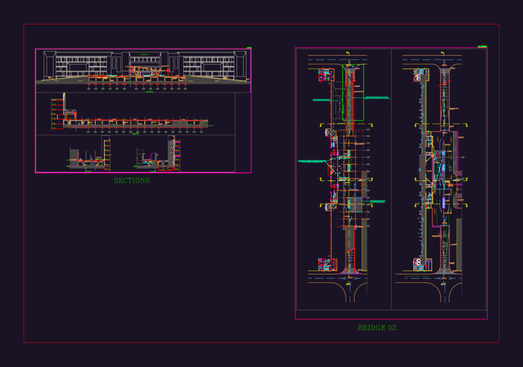 CAD drawing of a bridge layout plan, including cross-sections, road elevations, and R.C.C. structural details.