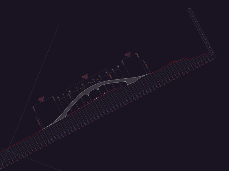 Engineering drawing of bridge vertical profiles and structural road sections with elevation data.