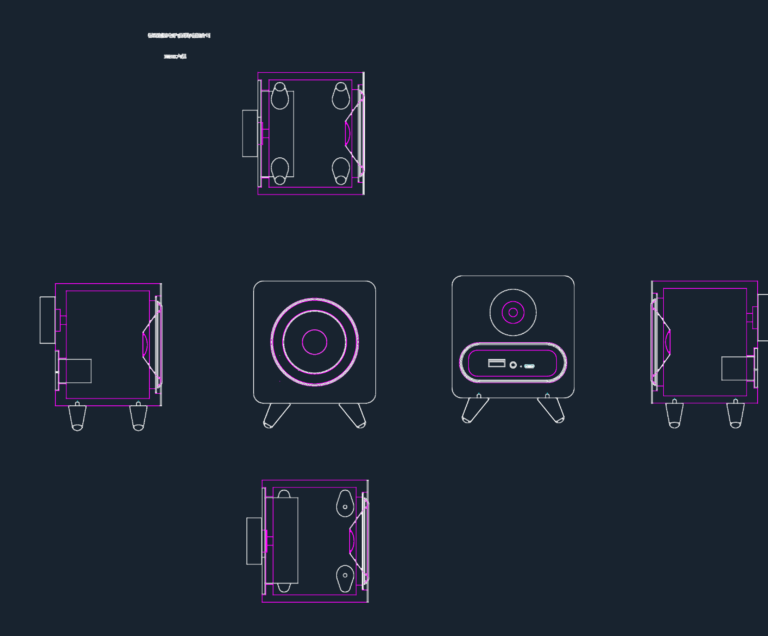 Six orthographic views of a subwoofer speaker including the front driver and rear control panel.
