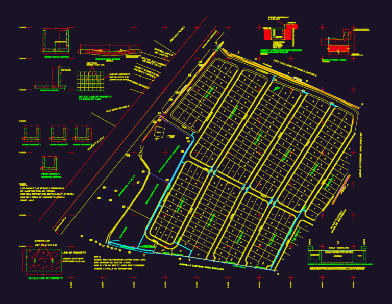 Site layout of a residential subdivision with technical sections for masonry gutters and concrete curbs.