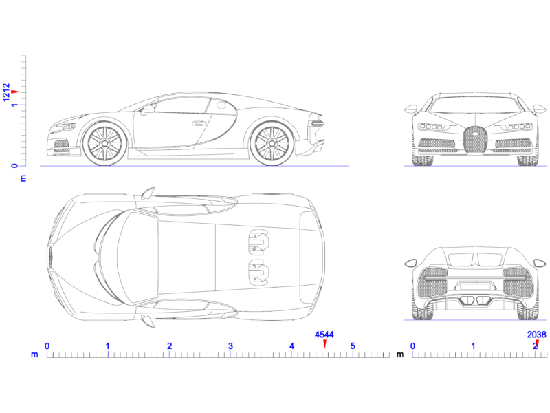 Bugatti Chiron 2016 Sports Car Elevation and Plan Views