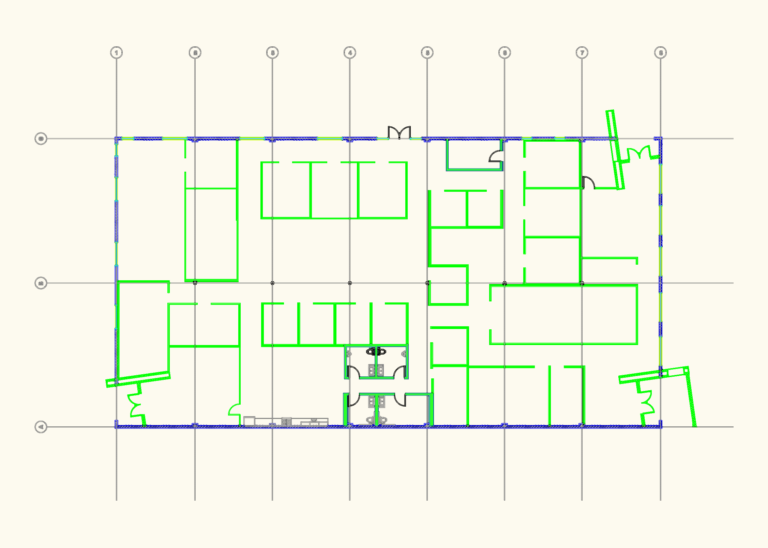 Architectural floor plan for Building C showing structural grids, interior partitions, and site parking layout.