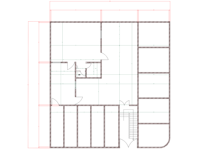 2D CAD floor plan with staircase, bathroom, and dimensioned walls.