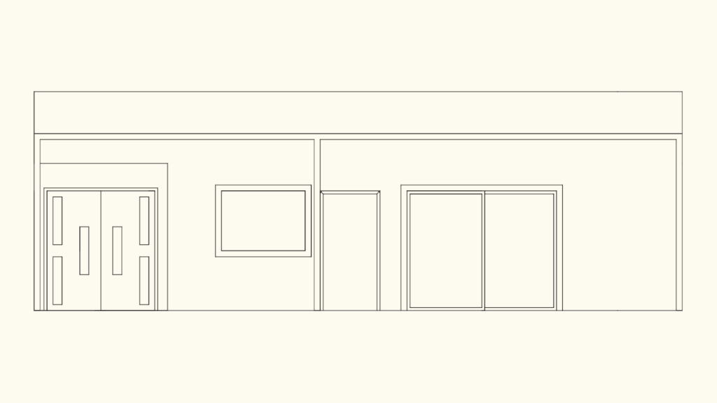 2D CAD drawing showing the front elevation of a building with double doors, sliding glass windows, and a storefront layout.