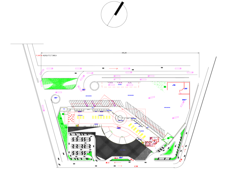 Architectural site plan of a bus station showing platforms, parking, and maintenance buildings.