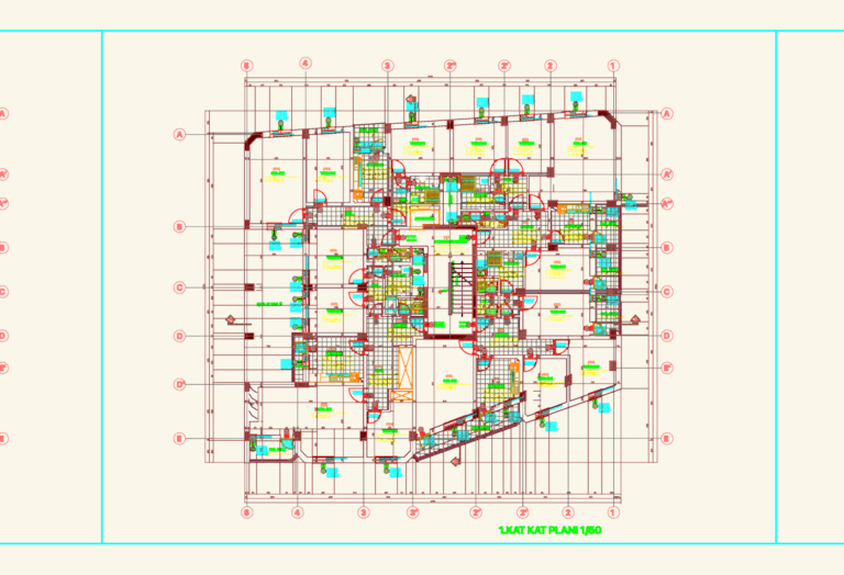 Architectural drawing of a multi-story housing building renovation project with floor plans, sections, and elevations.