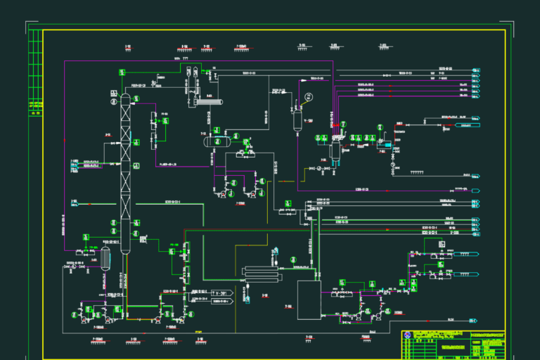Detailed Process and Instrumentation Diagram (P&ID) for an industrial distillation column system with pumps and valves.