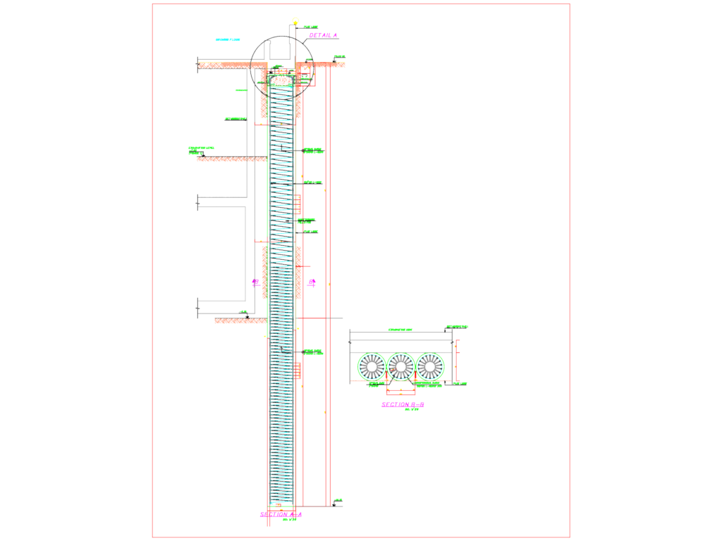 Technical drawing of 90cm contiguous shoring piles with reinforcement details and sections.