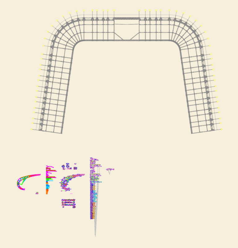 Structural steel truss fabrication drawing showing chords, diagonals, and member schedules for a stadium canopy.