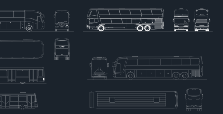 2D CAD elevations and plan views of various bus types including double-decker and single-deck models.