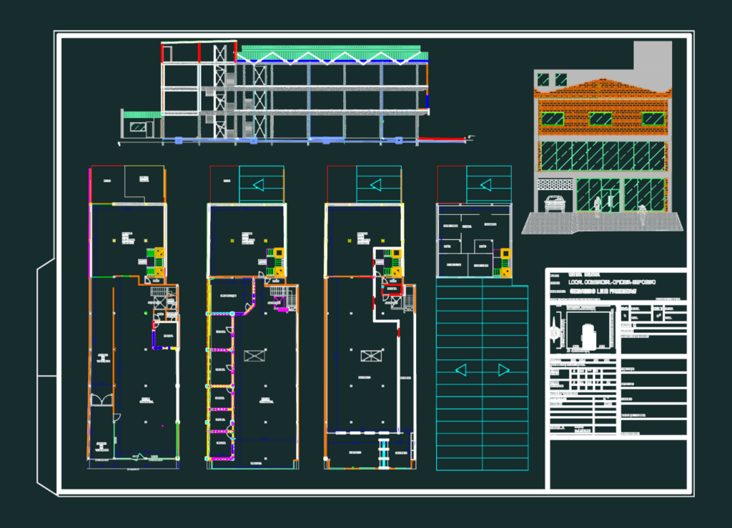 Architectural drawing showing four floor plans, a structural section, and a brick-facade elevation of a commercial building.
