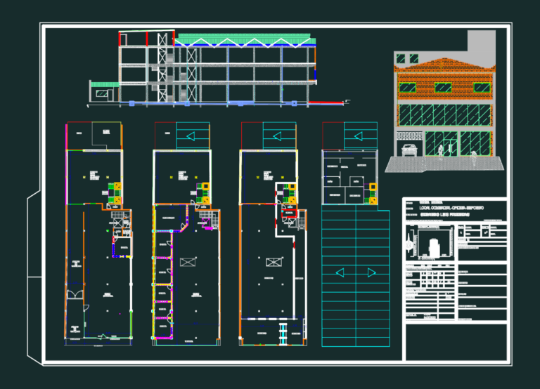 Architectural drawing showing four floor plans, a structural section, and a brick-facade elevation of a commercial building.