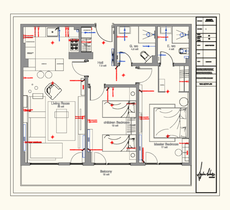 2D CAD floor plan of a 2-bedroom apartment showing furniture layout and electrical fixture height annotations.