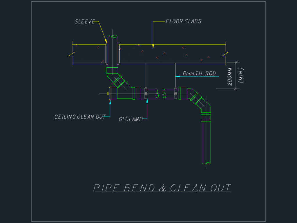 Plumbing CAD detail of a pipe bend with ceiling clean out, floor slab penetration, and GI clamp supports.
