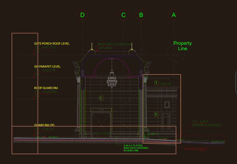 Architectural drawing showing guard house floor plans, building elevations, and structural sections.