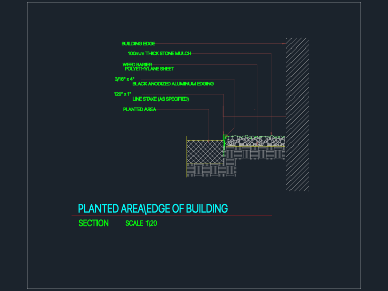 CAD section drawing showing a planted area edge with aluminum edging and stone mulch against a building wall.