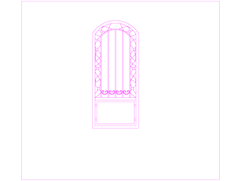 CAD drawing showing the elevation of an arched steel pedestrian gate with scrollwork.