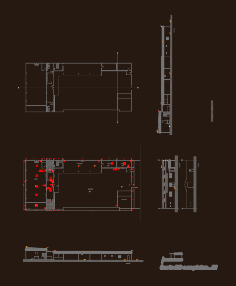 Architectural floor plan, sections, and fire safety symbols for a social club building.