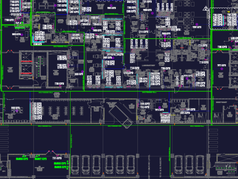 Electrical floor plan showing color-coded cable trunking routes and data point identifiers for a basement level.