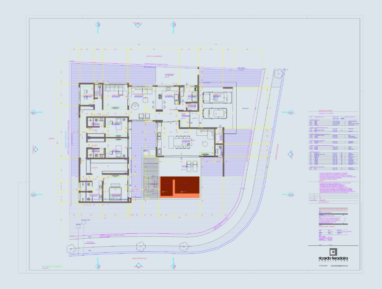 Executive architectural layout showing floor plans, sections, and elevations for a residential house with a pool.
