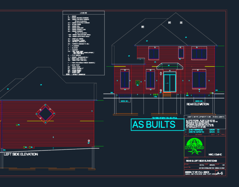 Rear and left side elevations for the SIERRA 'C' house model including material legend for brick and siding.