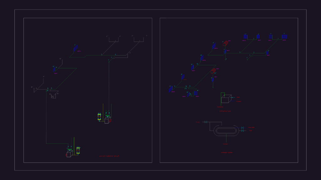 CAD schematic showing boiler, expansion tank, heat exchanger, and radiator circuit connections with labels.