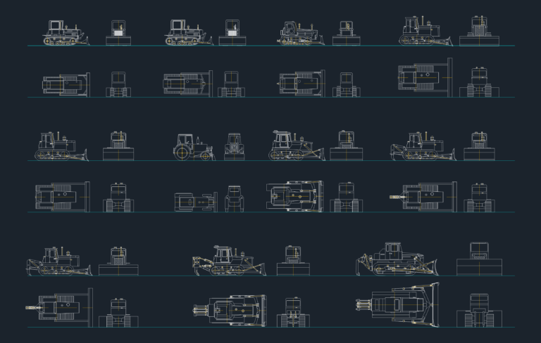 2D CAD drawings of various bulldozers in top, side, and front elevation views.