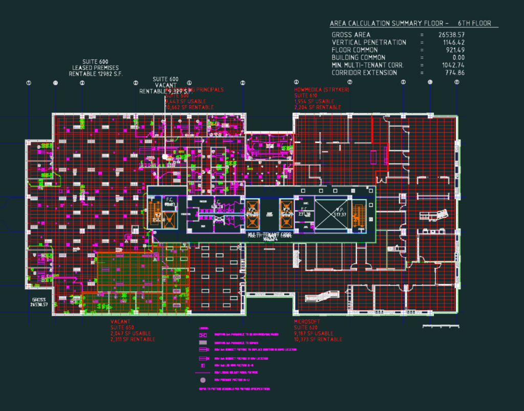Commercial 6th floor plan showing office suite divisions, core area, and electrical layout grids.