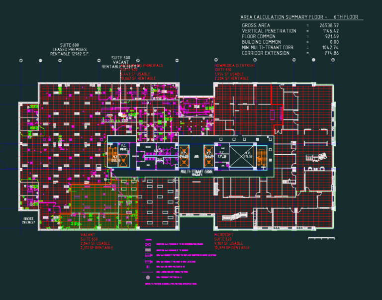 Commercial 6th floor plan showing office suite divisions, core area, and electrical layout grids.