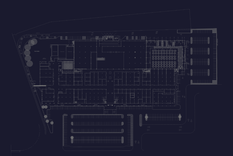 Architectural site plan of a shopping mall with supermarket anchor, department stores, and large parking area.