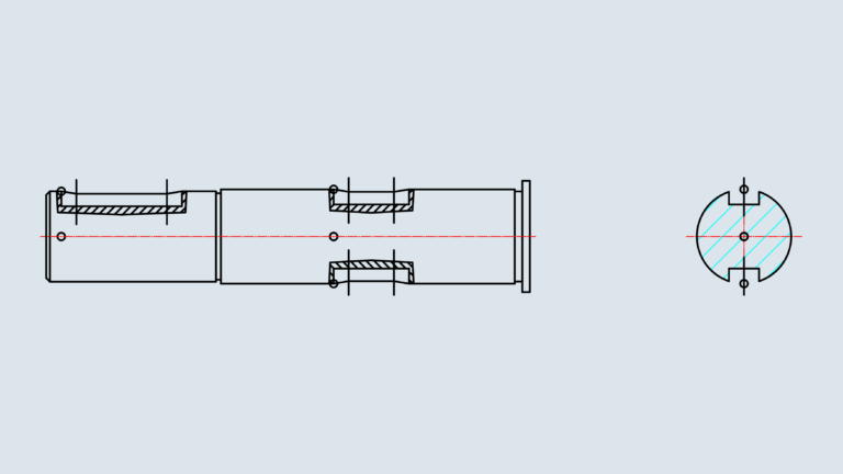 Side elevation and cross-section of a mechanical drive shaft with keyways and sectional hatching.