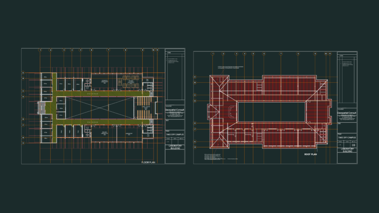Floor plan and roof layout for a laboratory building featuring science labs and a large lecture room.