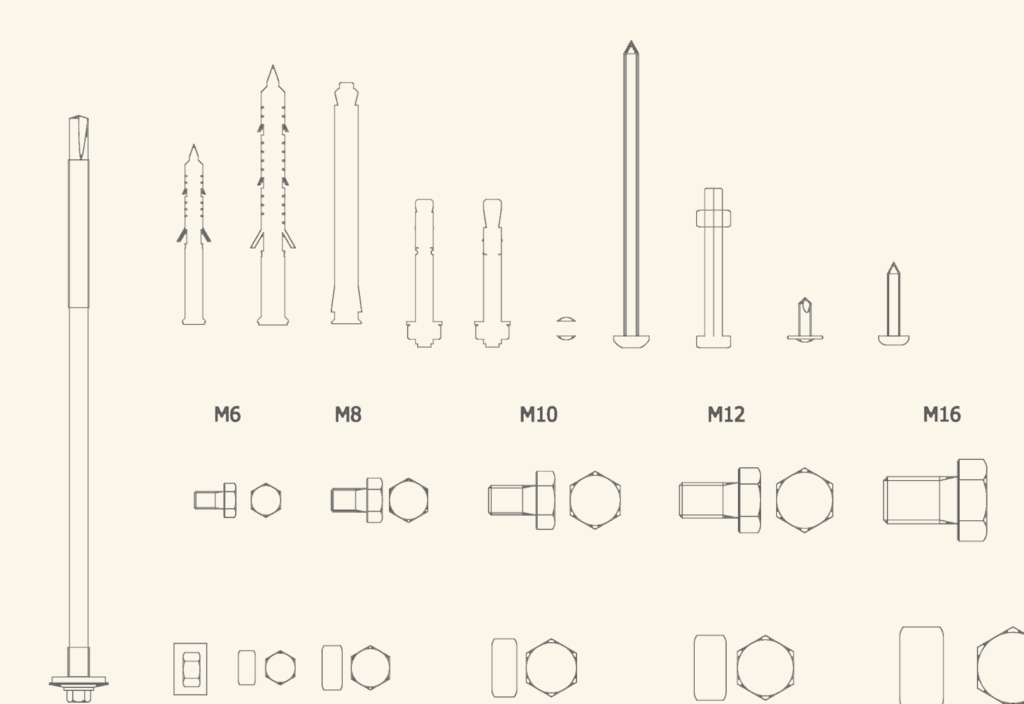 Technical CAD drawing showing various MUNGO anchors and DIN 933/934 hex bolts and nuts with metric labels M6 to M20.