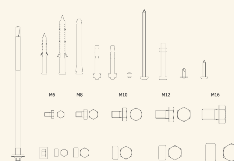Technical CAD drawing showing various MUNGO anchors and DIN 933/934 hex bolts and nuts with metric labels M6 to M20.