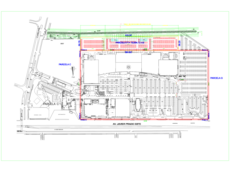 As-built site plan of Jockey Plaza shopping center showing parking areas, retail blocks, and surrounding streets.